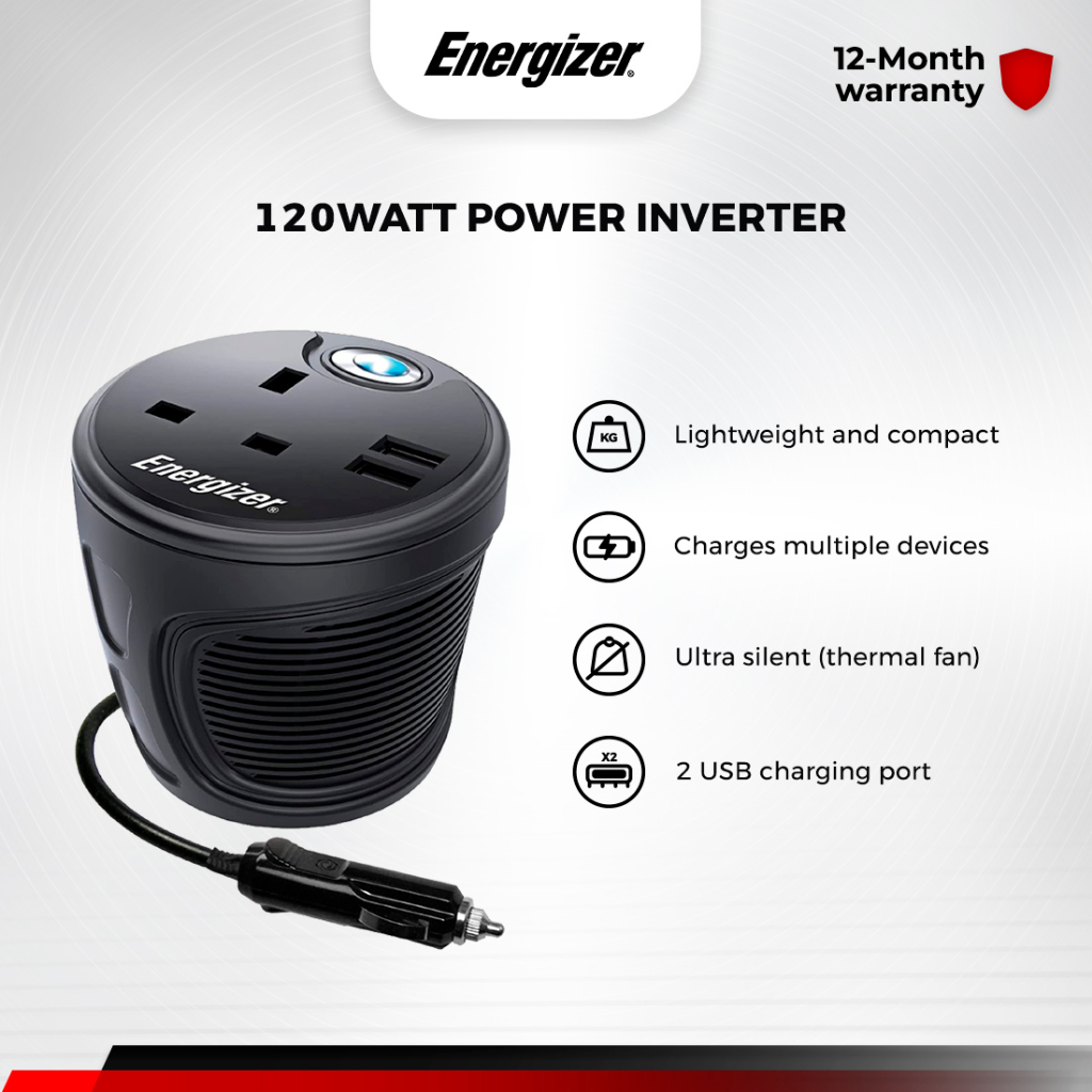 Energizer Car Power Laptop Inverter Charger DC12V to AC120W + 2 USB 2