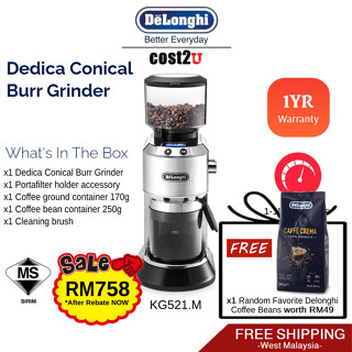 DeLonghi America KG521 Dedica Conical Burr Grinder with Porta Filter Attachment, Silver