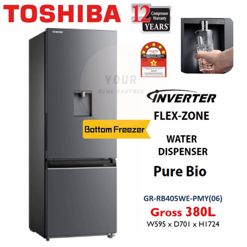 Toshiba Inverter 2 Door Fridge Bottom Freezer Gross 380L GR