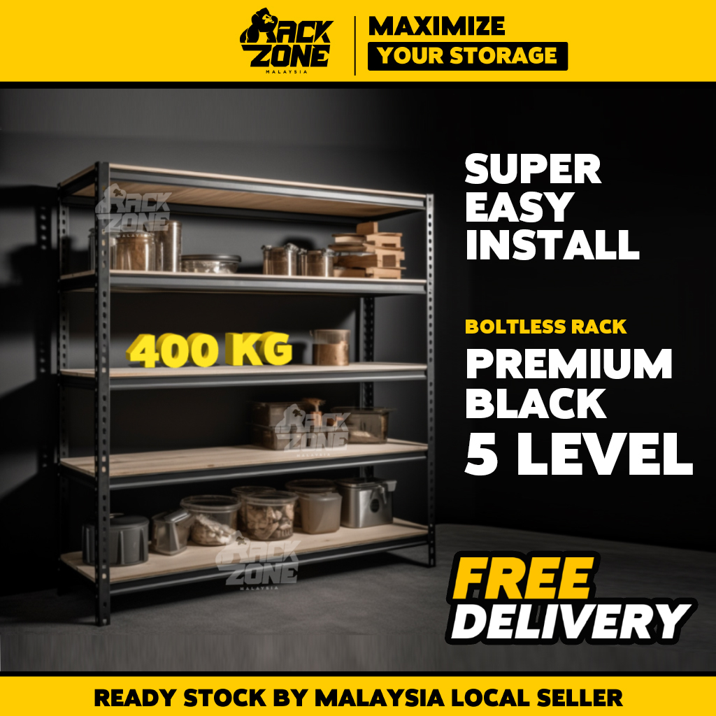 RACKZONE Black 5 Level Rak Besi Bertingkat Boltless Rack Shelf Storage ...