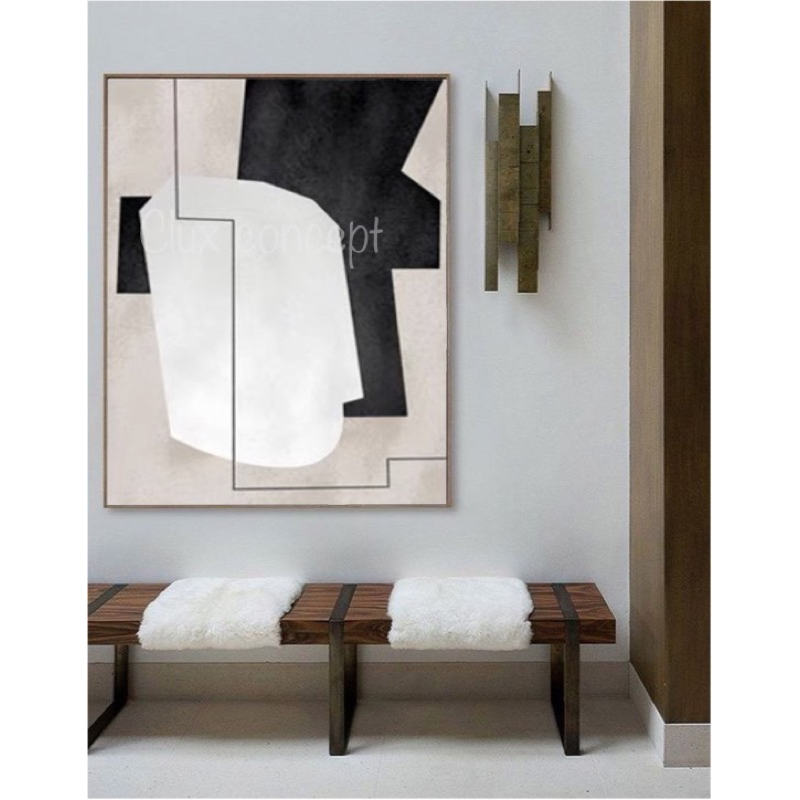 (With Framed) Morandi Abstract Geometric Lines Black White Grey Wall