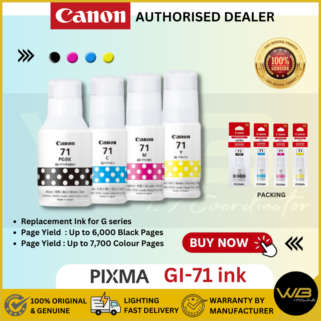 Canon Gi 71 Genuine Ink Bottle Blackcyanmagentayellow For Printer G3020g3060g1020g2020 6452