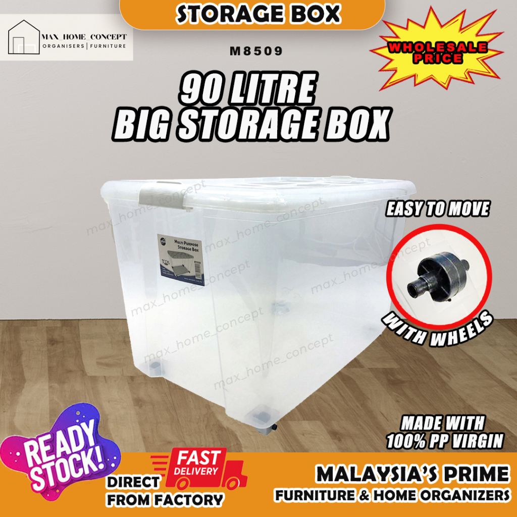 90L STORAGE BOX WITH WHEELS TRANSPARENT HEAVY DUTY MULTIPURPOSE