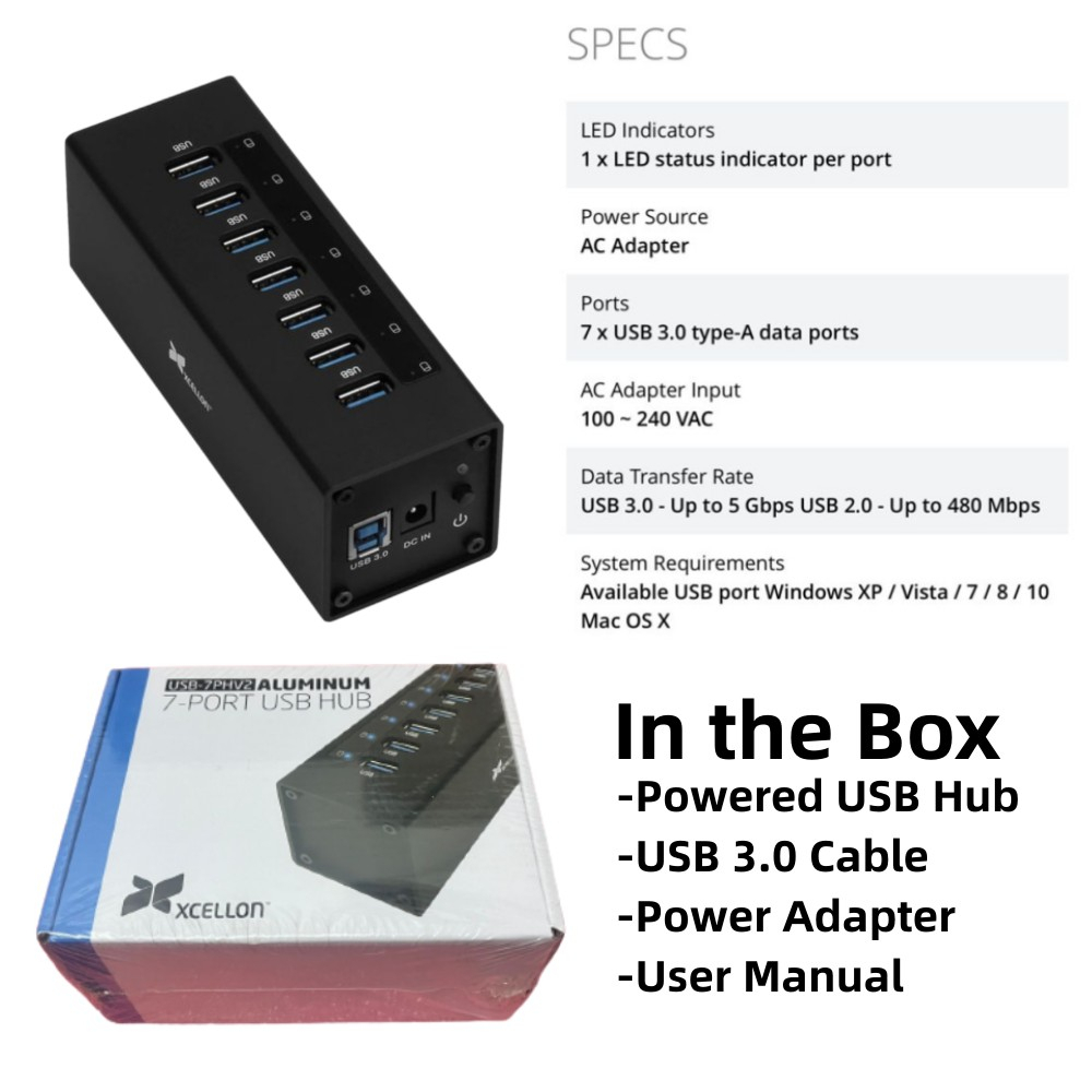 Xcellon - 7-Port USB 3.0 Hub - Allowing You To Connect To A Variety Of ...