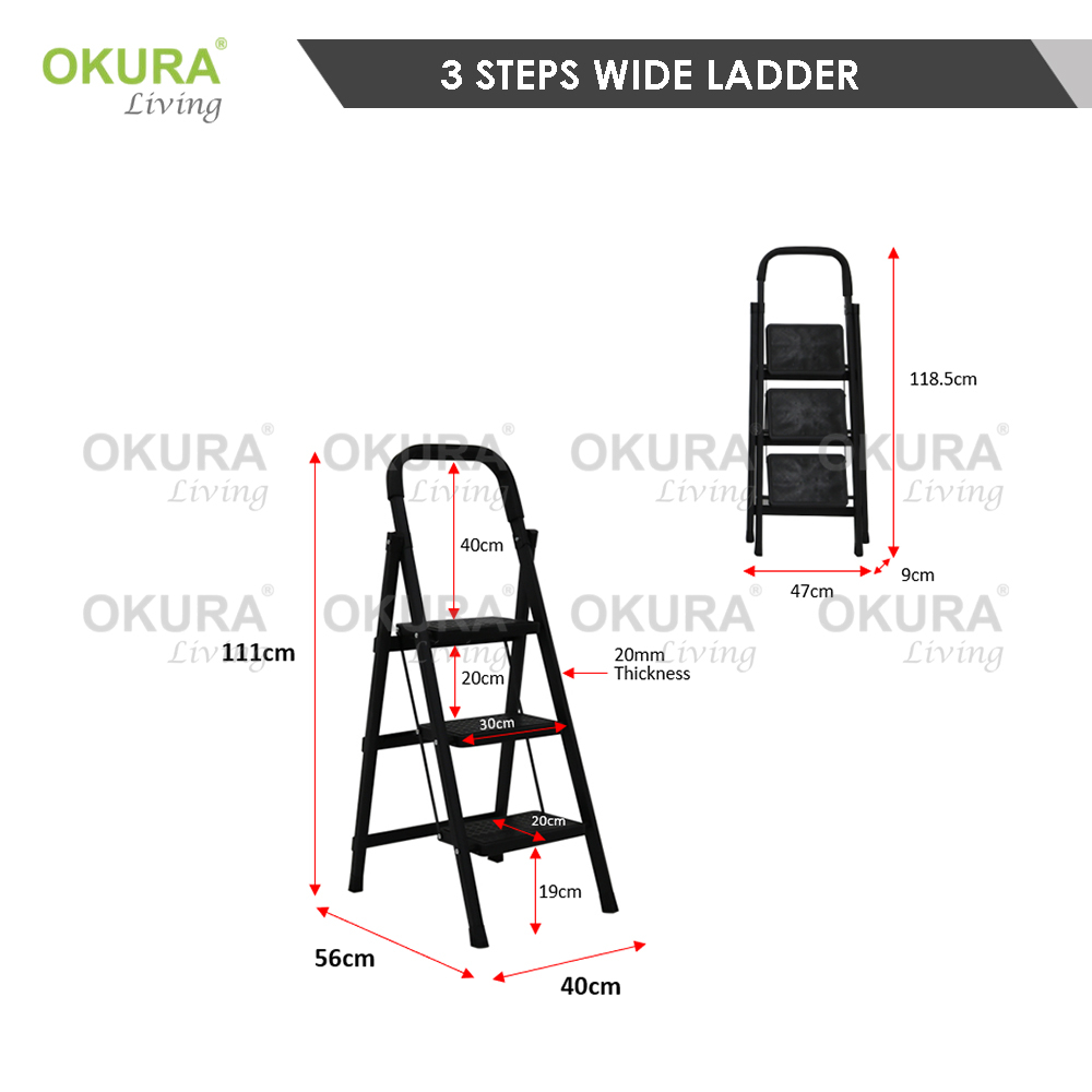 OKURA Folding Steel Pipe 3 / 4 / 5 / 6 Wide Step Ladder Foldable Household Indoor Platform Stair [Black] Tangga Lipat