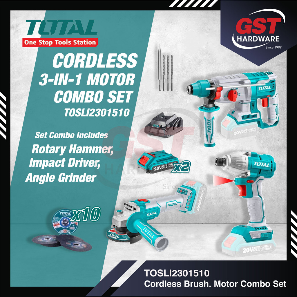 Total TOSLI2301510 Cordless Brushless Motor 3 in 1 Combo Set (Rotary Hammer, Impact Driver