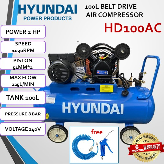 HYUNDAI HD100AC BELT DRIVE AIR COMPRESSOR 100L 2HP 8 BAR / FREE HOSE