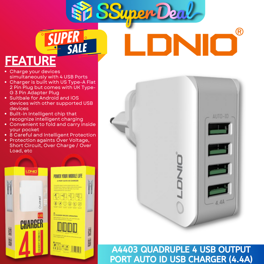 LDNIO A4403 Quadruple 4 USB Output Port Auto ID USB Charger 4 4A