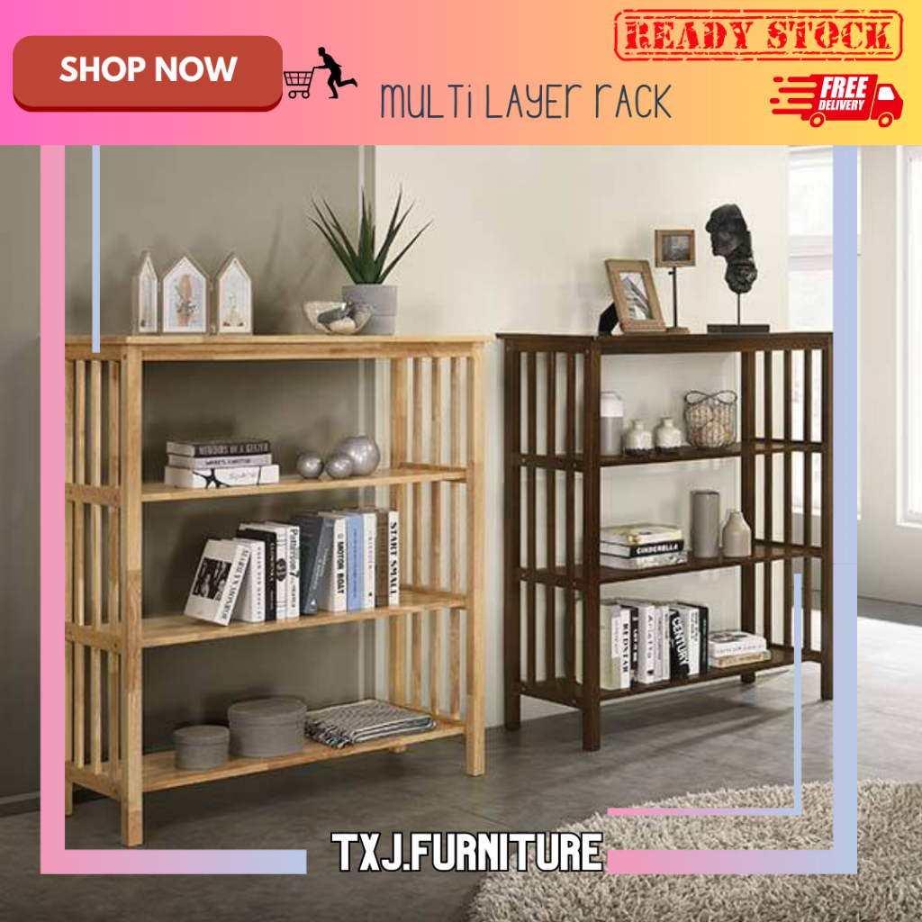 READY STOCK ️ TXJ MULTIPURPOSE 4 TIER FULL SOLID WOOD OPEN STORAGE ...