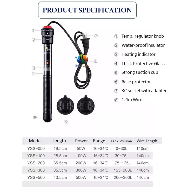 Yee Heater Black Samurai Aquarium Heating Rod Stainless Steel + Glass ...