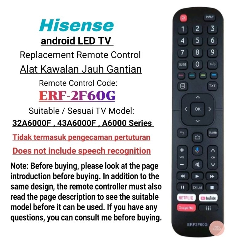 Telecomando Ricambio ERF2F60G Per TV Hisense 4K - Modelli 32A5700FA, 40A35EEAS, HE32E5620FHATS E Compatibili