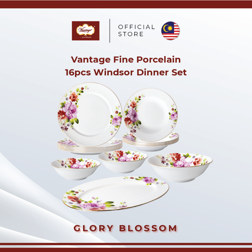 Vantage Fine Porcelain Glory Blossom (F41) Windsor Dinner Set with Gold Lining (16pcs Tableware