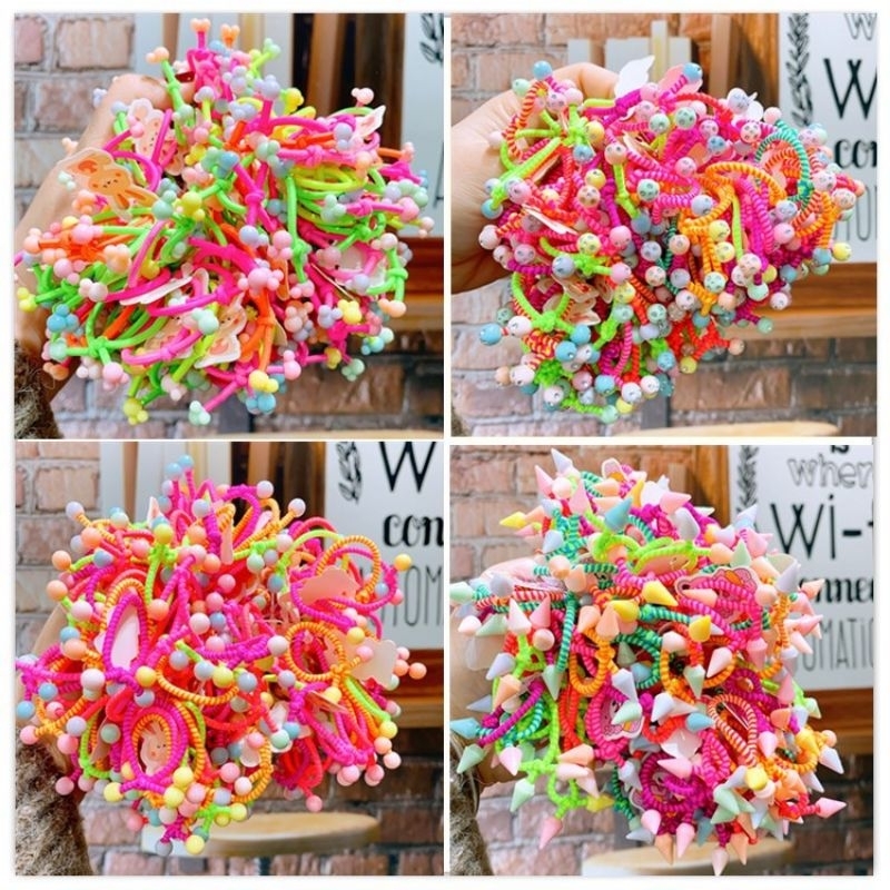 Getah Rambut Budak👉5PCs Korean Rainbow Beads Rose Mickey Charm Hair ...