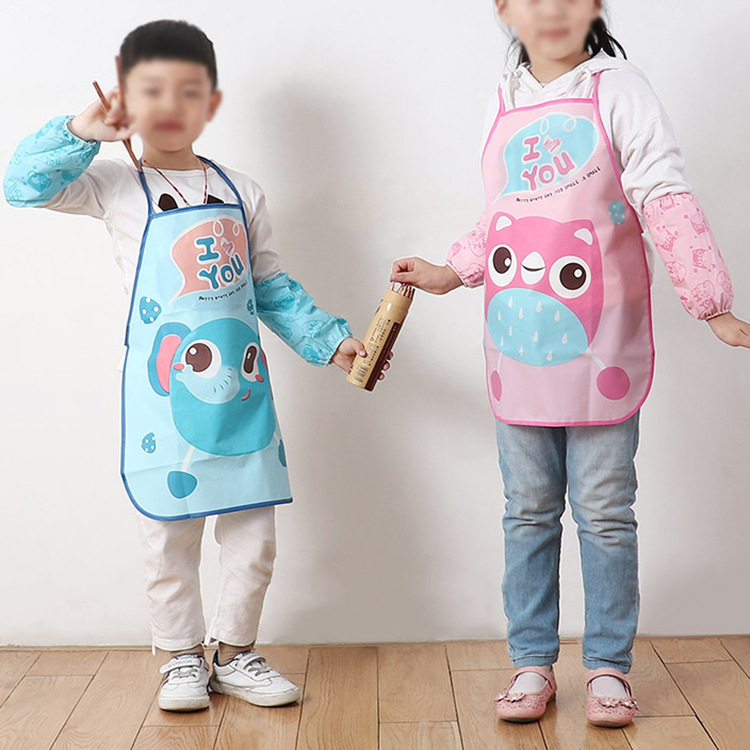 Children Apron Design Cartoon Sleeves Chef Hat Pocket Kids Craft Art