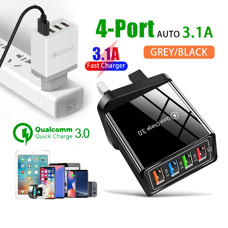 36W 4 USB Fast Charging Adapter Quick Charge 3.0 USB Charger Plug Watch ...