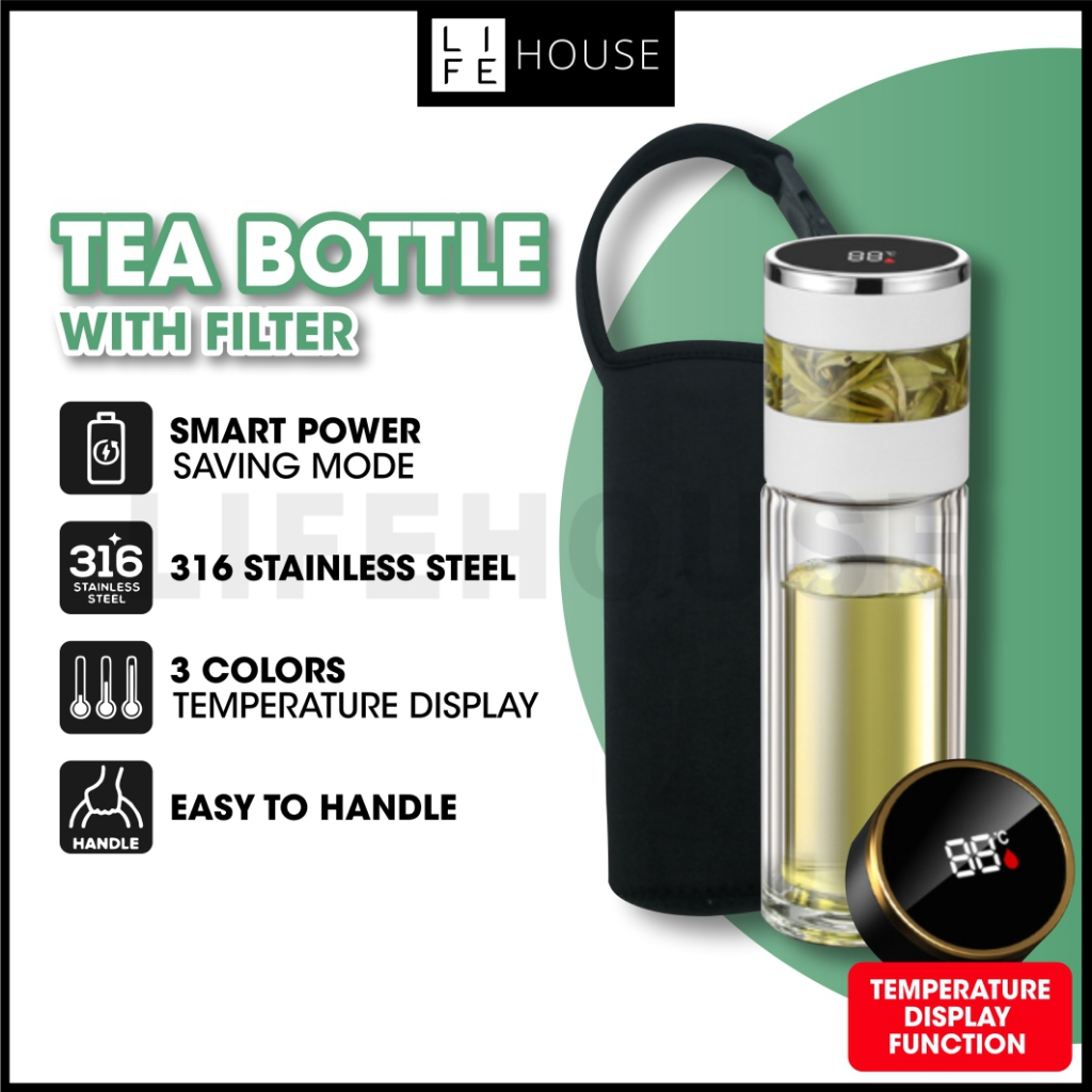 Tea Bottle with Filter (350ml) Tempered Glass Tumbler Tea Glass Bottle 316 Stainless Steel Flask