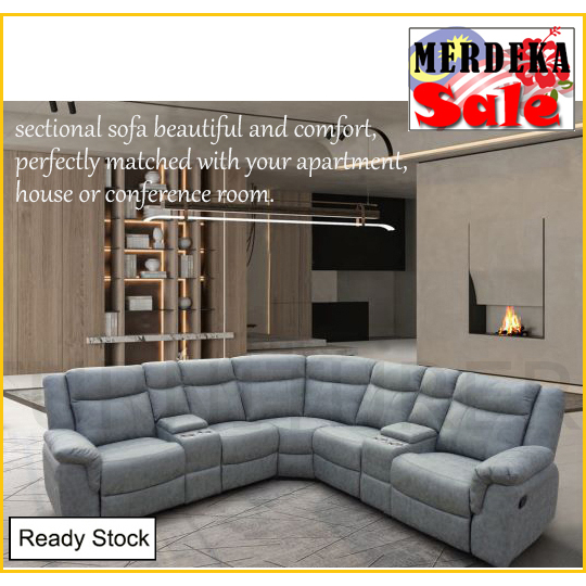 Merdeka Sale! Amera Fabric Reclining Sectional Sofa with Console Set