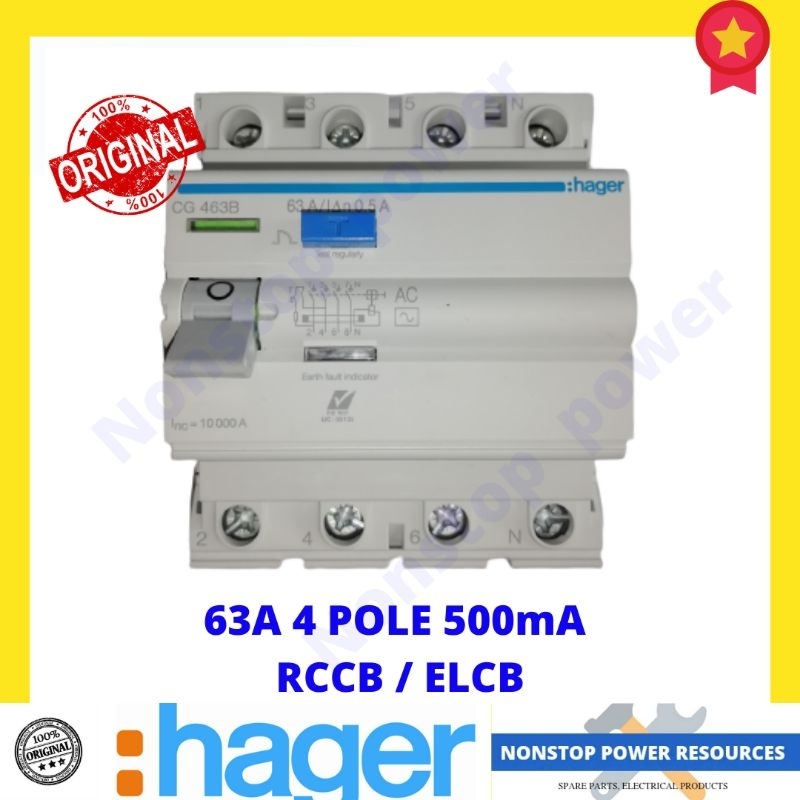 HAGER 63A ELCB 4 pole 500mA AC CG463B ELCB RCCB Residual Current ...