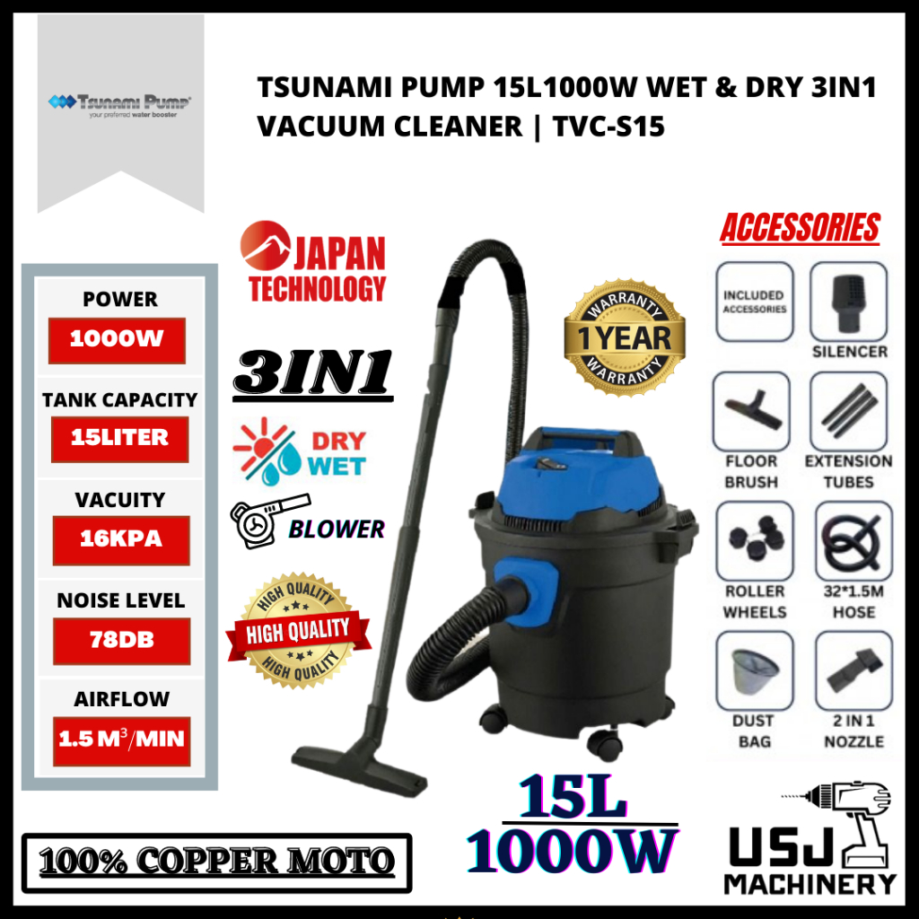 TSUNAMI PUMP 15Litre 1000W 3IN1 Wet & Dry Vacuum Cleaner TVC-S15 ...