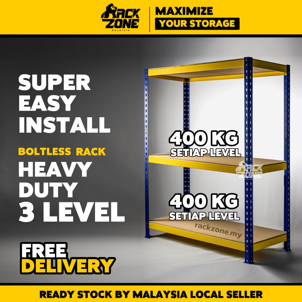 RACKZONE Yellow Blue 3 Level Rak Besi Bertingkat Boltless Rack Shelf Storage Rack Shelve Rak
