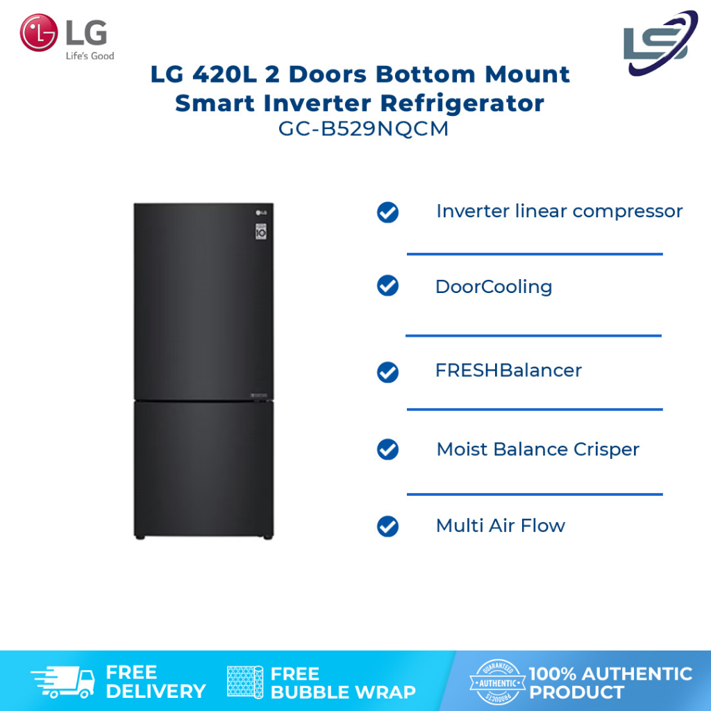 LG 420L 2 Doors Bottom Mount Smart Inverter Refrigerator GCB529NQCM