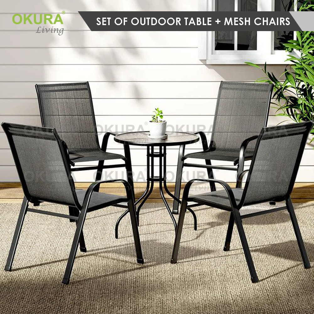 OKURA Set Of Outdoor Table + Mesh Chairs / Garden Balcony / Stackable