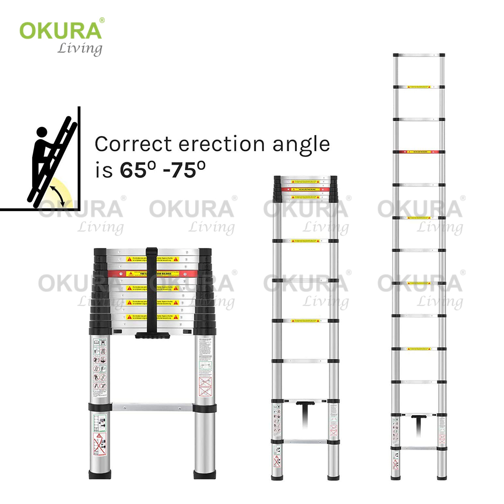 OKURA Multipurpose Telescopic Aluminum Ladder 3.2m/3.8m/4.4m Extendable ...