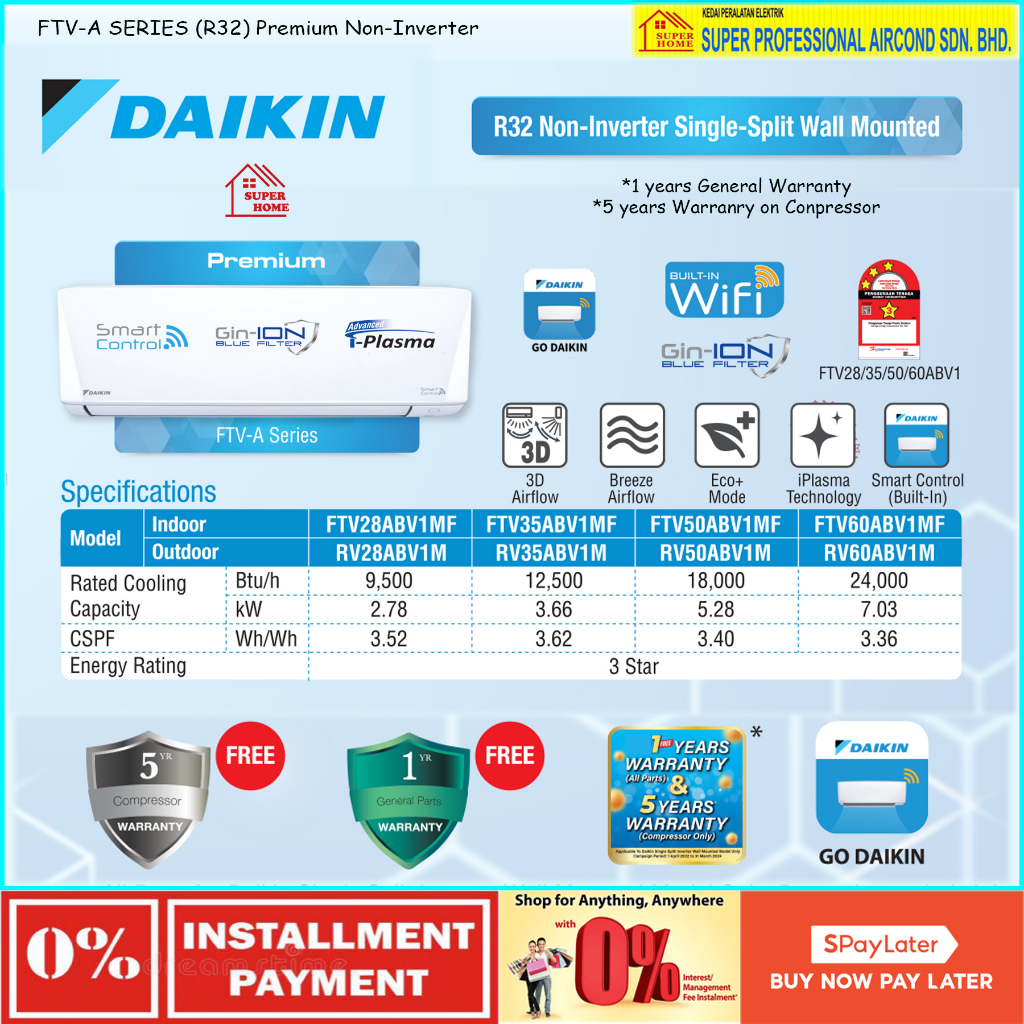 Daikin R32 Non Inverter Aircond (iPlasma) 1.0hp - 2.5hp FTV-A SERIES ...