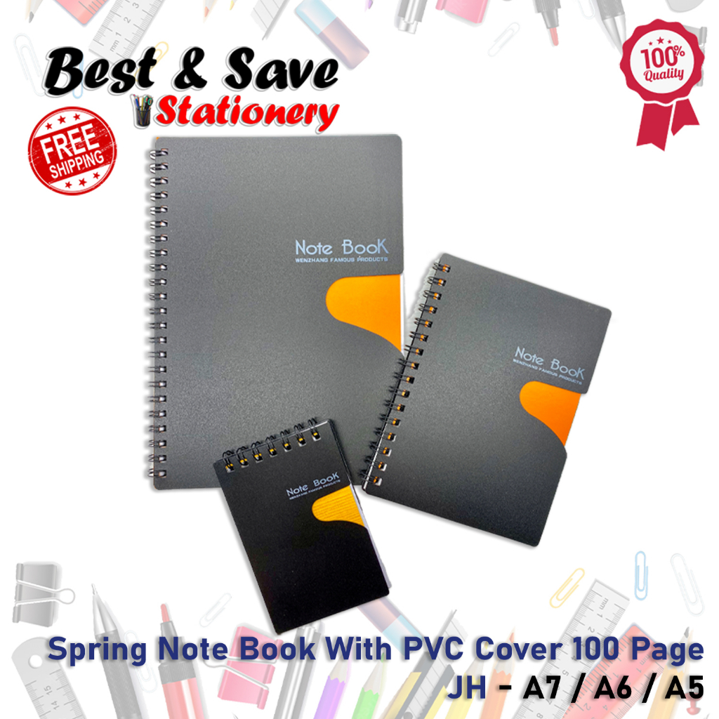 ( BEST & SAVE ) A7 / A6 / A5 100 Page Black Spring Notebook With PVC ...