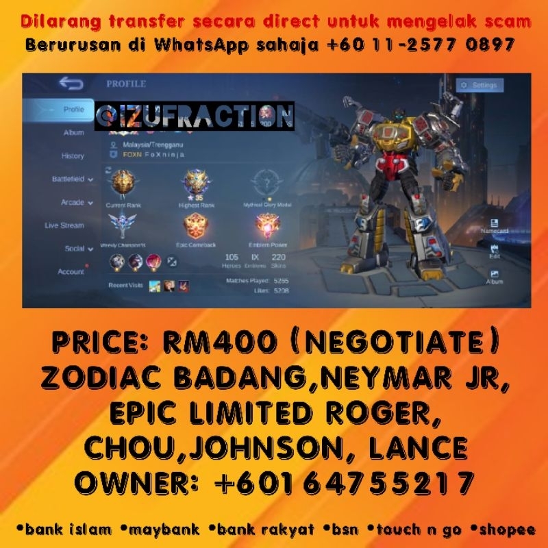 Accounts ML Zodiac Badang,neymar jr,epic limited Roger,Chou, Johnson