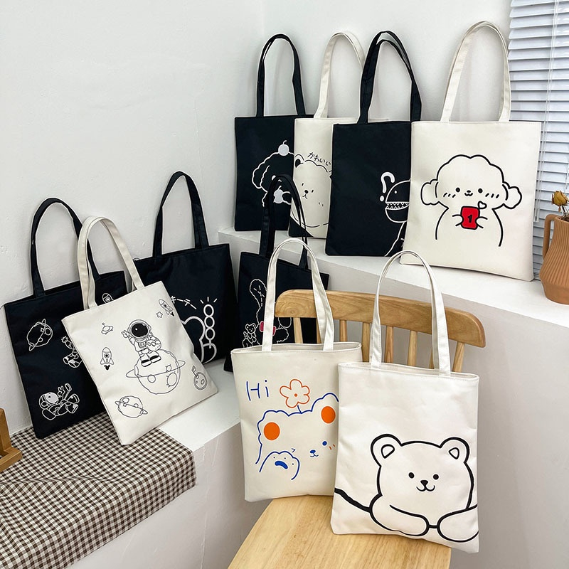 Women Canvas Tote Bag Student Fashion Ins Cute Bear Print Shoulder Bag  School Bag tuition bag beg sekolah补习包包书包
