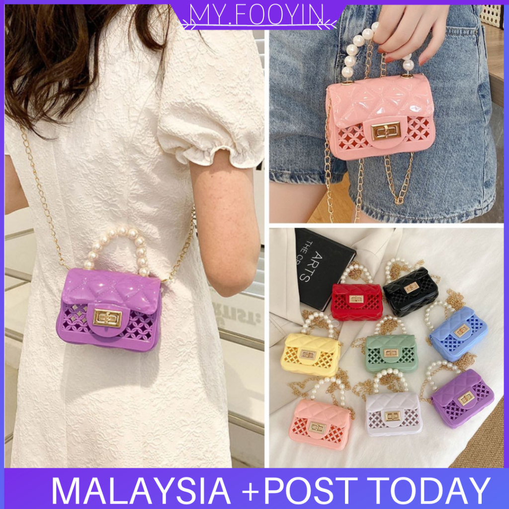 N Ready Stock Myfooyin Borong Woman Handbag Chain Pearl Square Sling Bag Women Beg Jelly Mini