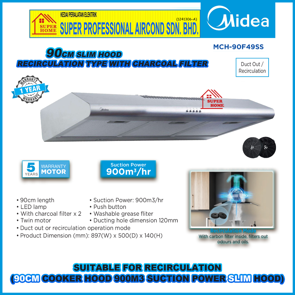 Midea Slim Hood MCH90F49SS 90cm Recirculation System Cooker Hood