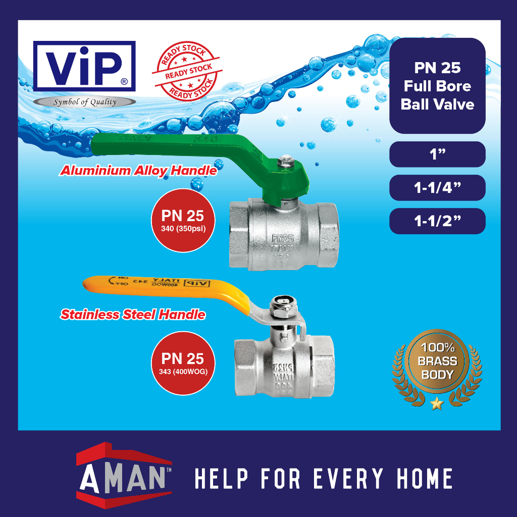 ViP PN25 Full Bore Ball Valve FF Brass Body Water Pipe Fitting Water ...