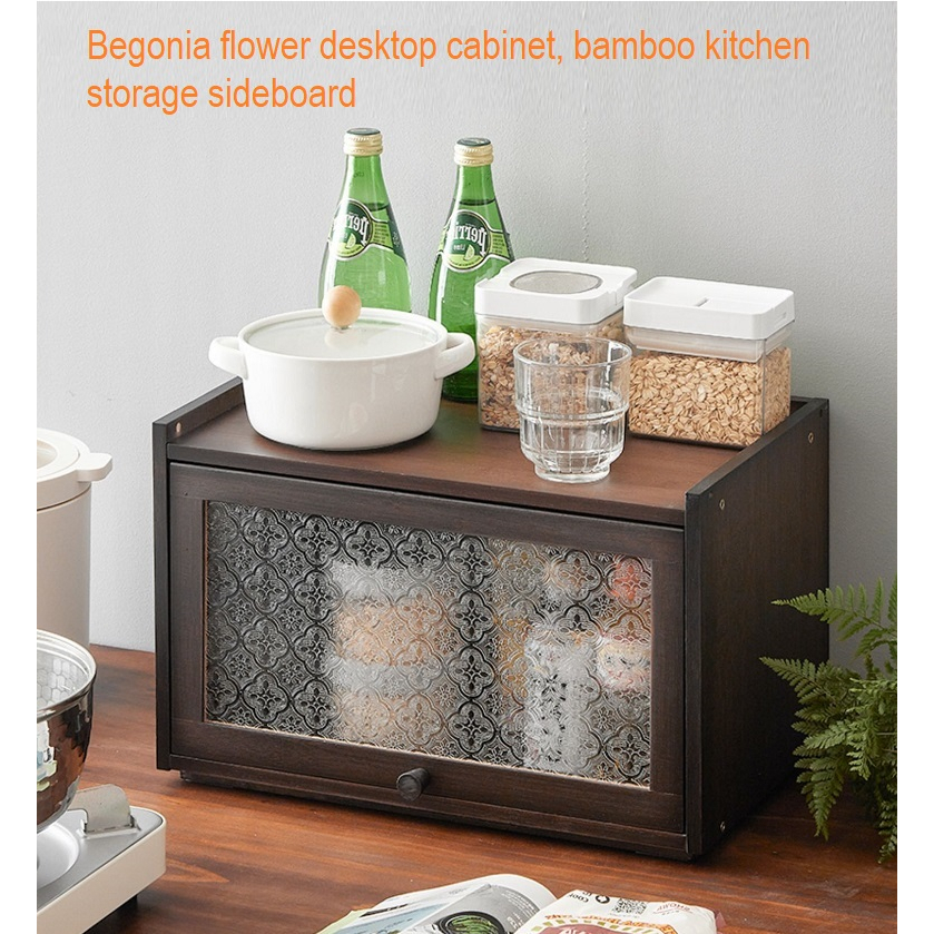 Wooden Kitchen Storage Sideboard Bamboo Begonia flower Desktop Small Cupboard Table Top