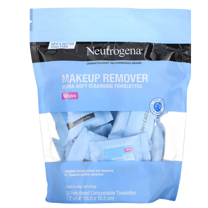 Neutrogena Makeup Remover UltraSoft Cleansing Towelettes Singles 20 PlantBased Compostable