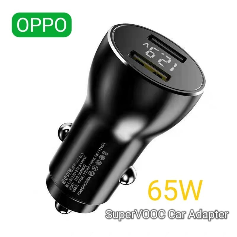 OPPO 65W Car Charger Adapter 3.0 Dual USB Port Support SuperVOOC Fast Charging 6.5A Type-C USB Cable For Reno A96 A78