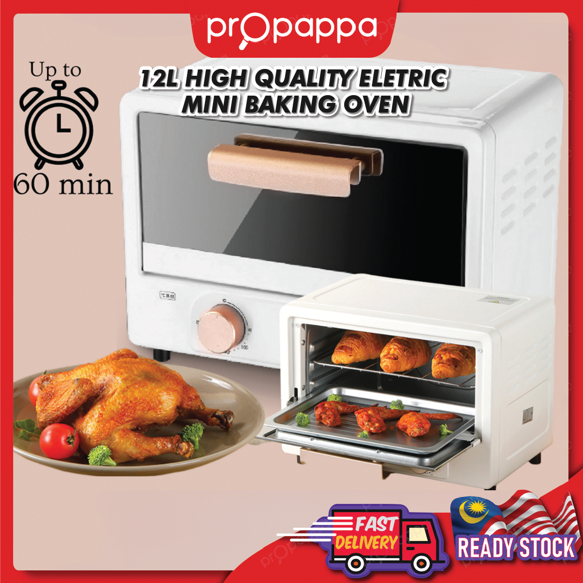 Propappa 12L Electric Oven Mini Baking Oven, Air Fryer Toaster Timer