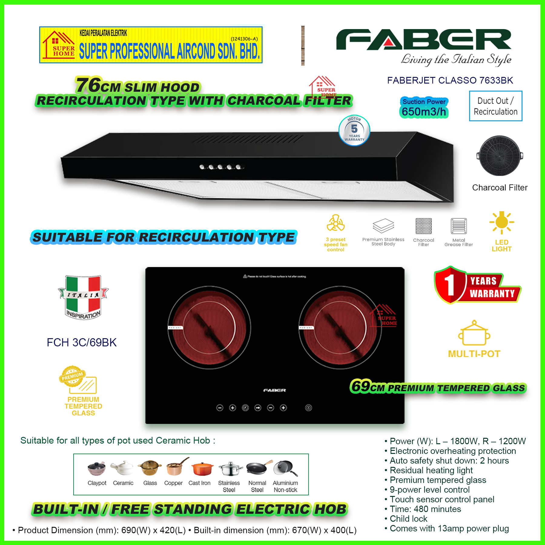 Faber Slim Hood FABERJET CLASSO 7633BK 76cm Cooker Hood / Faber Built