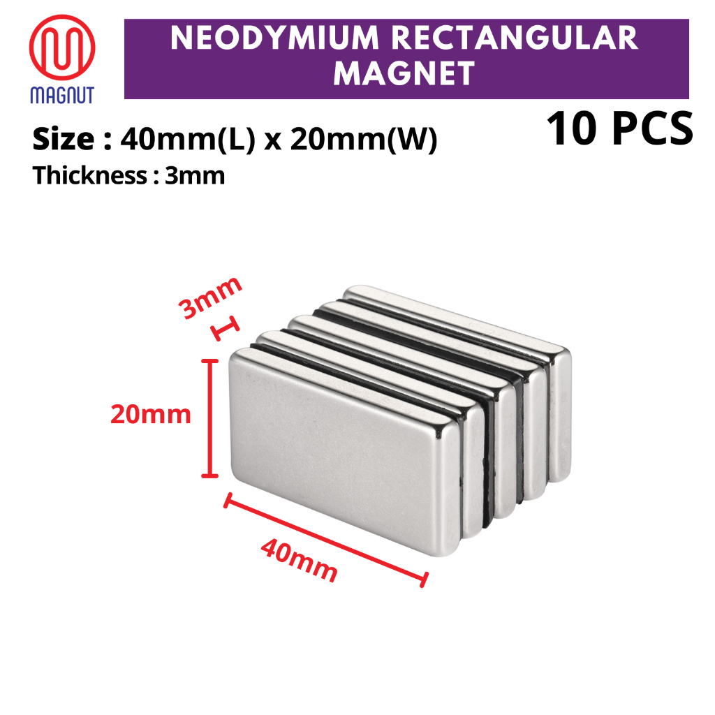 10pcs - 40mm x 20mm x 3mm Rare Earth Neodymium Rectangular Magnet ...