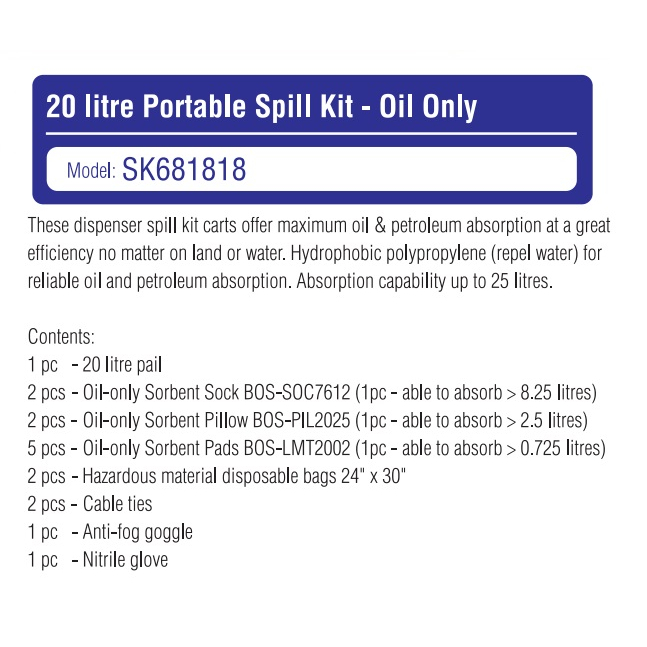 20 Liter Oil Only Portable Spill Kit Spill Control SK681818 PROGUARD ...