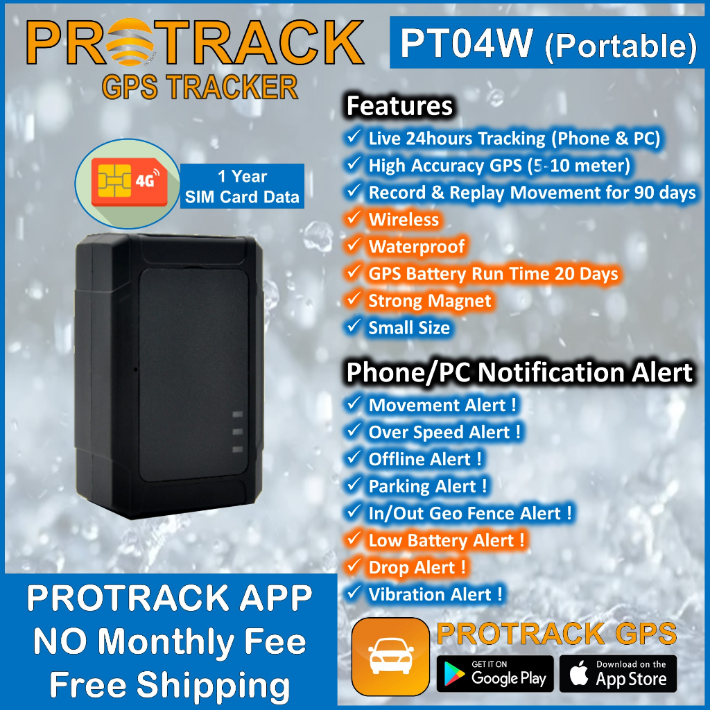 GPS Tracker PT04W Wireless Waterproof [12 Months GPS Data Included] Builtin Battery, for Car