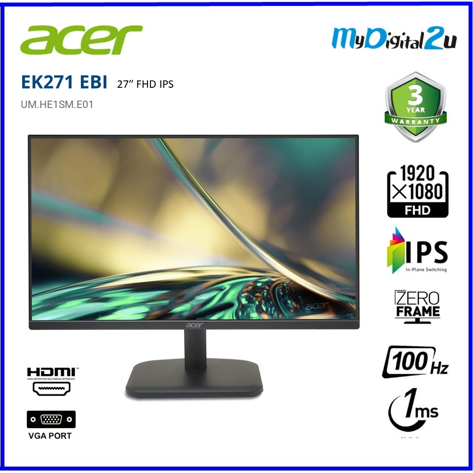Acer EK271 Flat 27" Zero Frame Monitor (IPS Panel, Full HD, 1ms(GTG