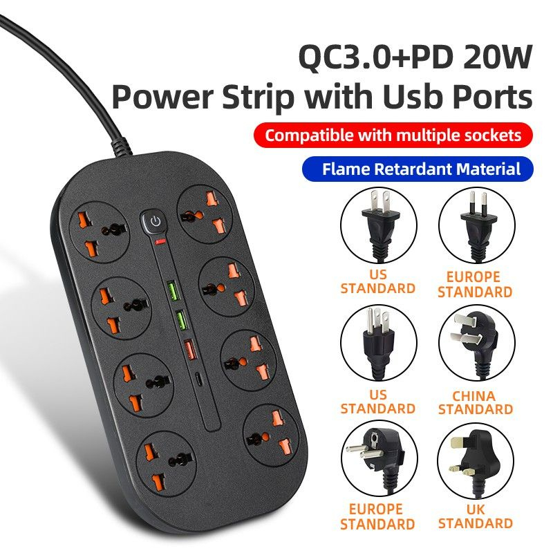 Extension UK Plug 3000W Universal Power Socket 8 Ports 20W PD QC3.0 USB ...