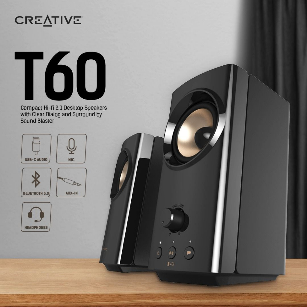 CREATIVE T60 2.0 Compact HiFi Desktop Speakers with Clear Dialog and