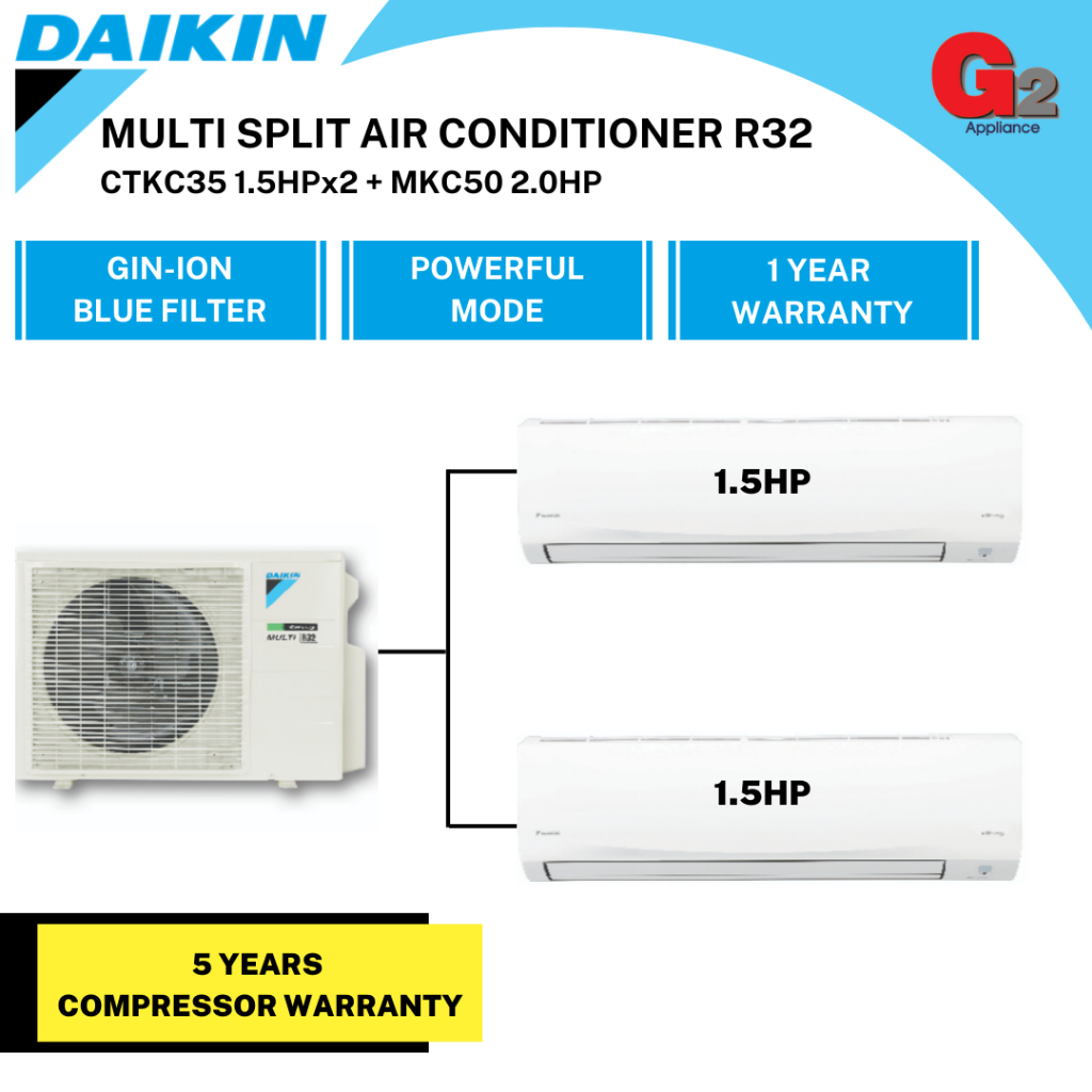 DAIKIN MULTI-SPLIT AIR COND INVERTER (R32) MKC-50RVM 2.0HP + 2 UNIT 1.5 ...