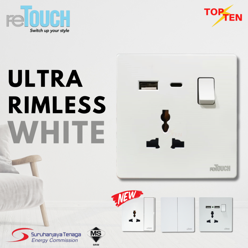 Retouch Ultra Rimless Socket Switches White Slim Design Sirim Approval ...