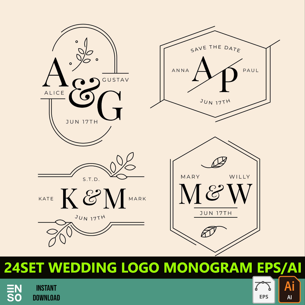 24-Set AI/EPS Wedding Logo Monogram Files | Editable AI/EPS Design ...