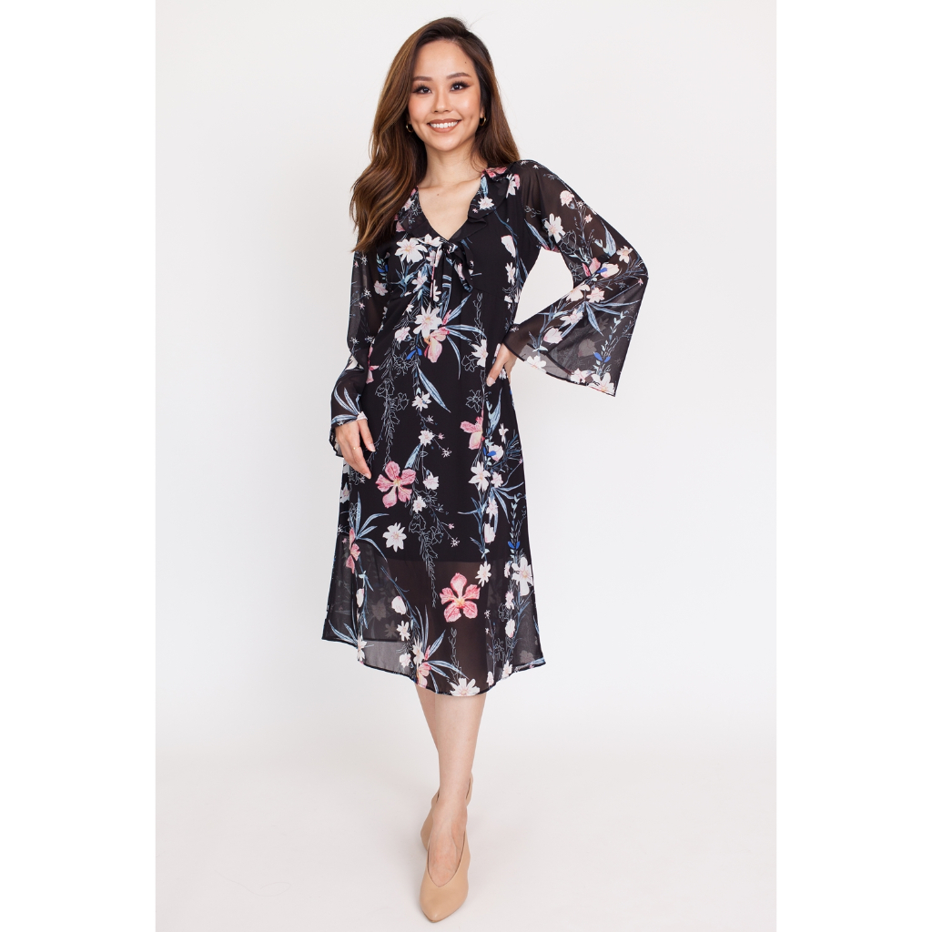 Modely Floral Print Flare Sleeve Dress