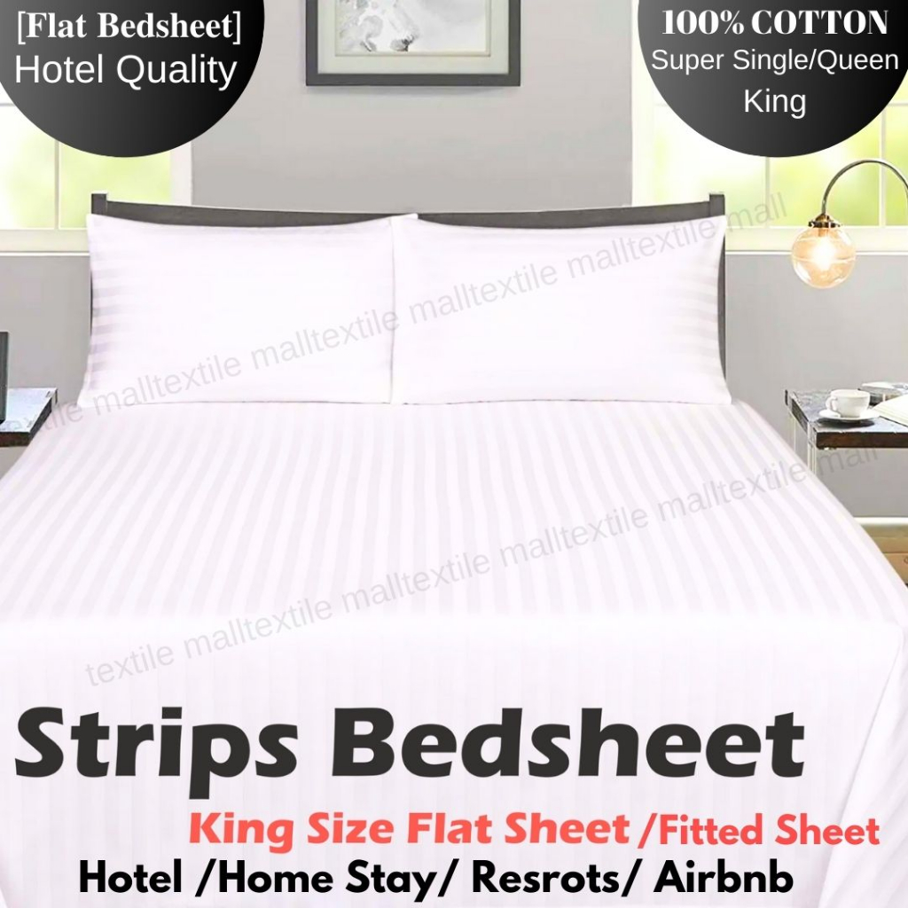 Premium Series Plain Strips White Flat Fitted Sheet For Hotel Home